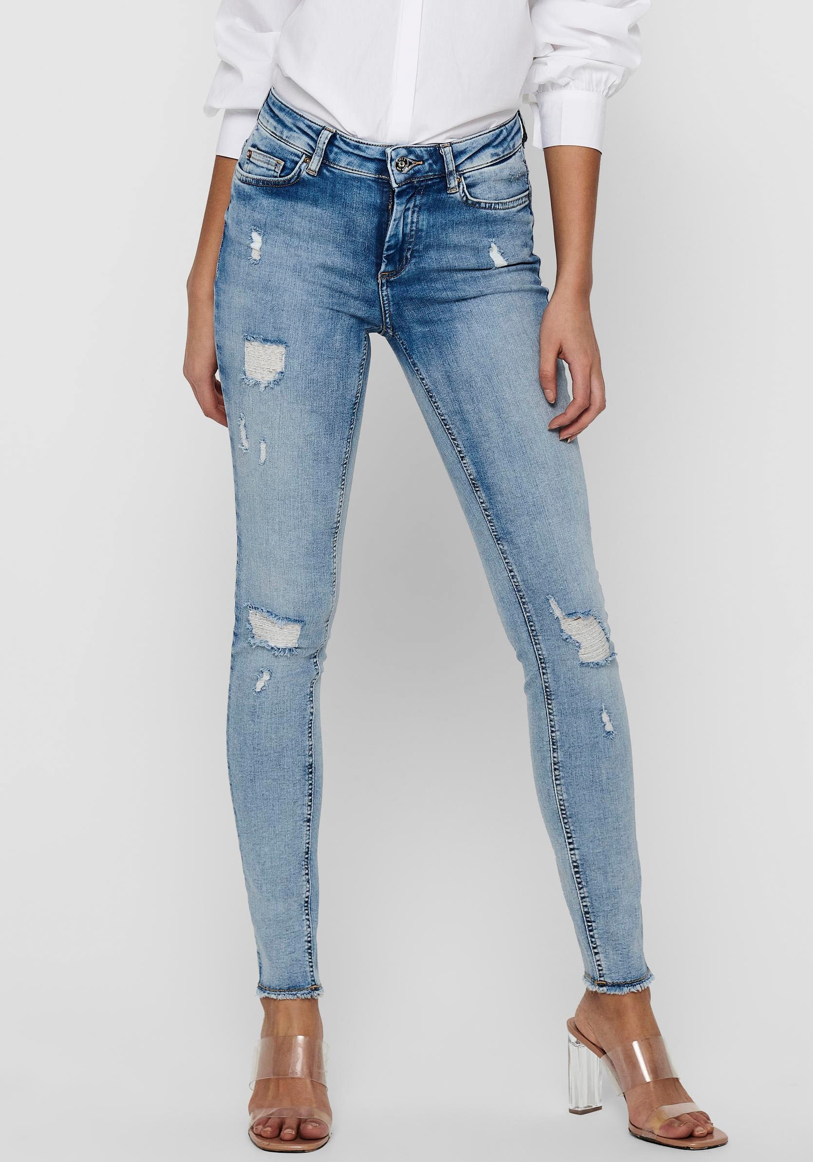 ONLY Skinny-fit-Jeans »ONLBLUSH MID SK RW AK DT DNM REA213 NOOS«, mit grossen Destroyed Effekten von ONLY