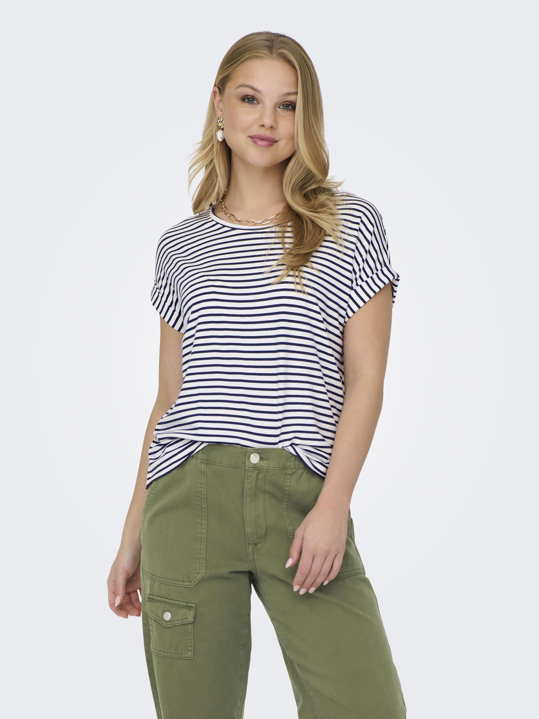 ONLY T-Shirt »ONLMOSTER STRIPE S/S O-NECK TOP JRS NOOS«, mit Aufschlag am Arm von ONLY