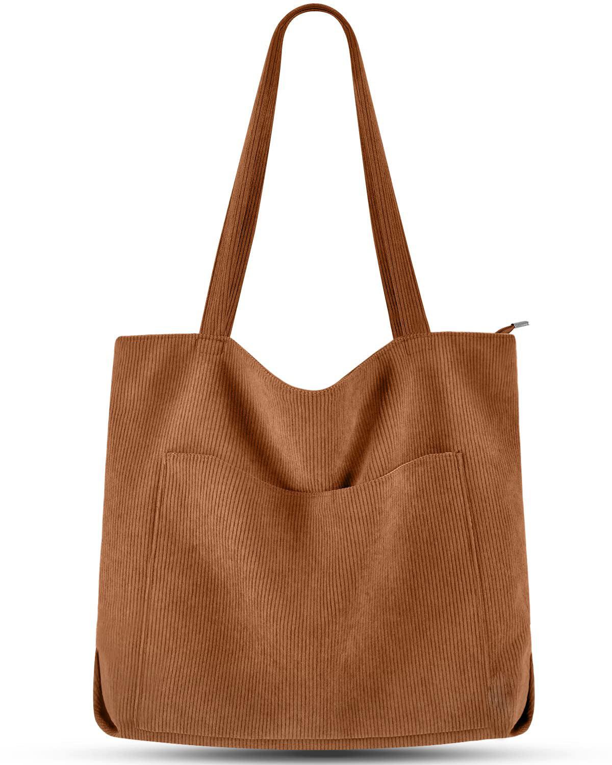 Only-bags.store - cord Tasche Umhängetasche mit Reißverschluss, Groß Shopper Tote Bag Handtasche, für Damen, Braun, One Size von Only-bags.store