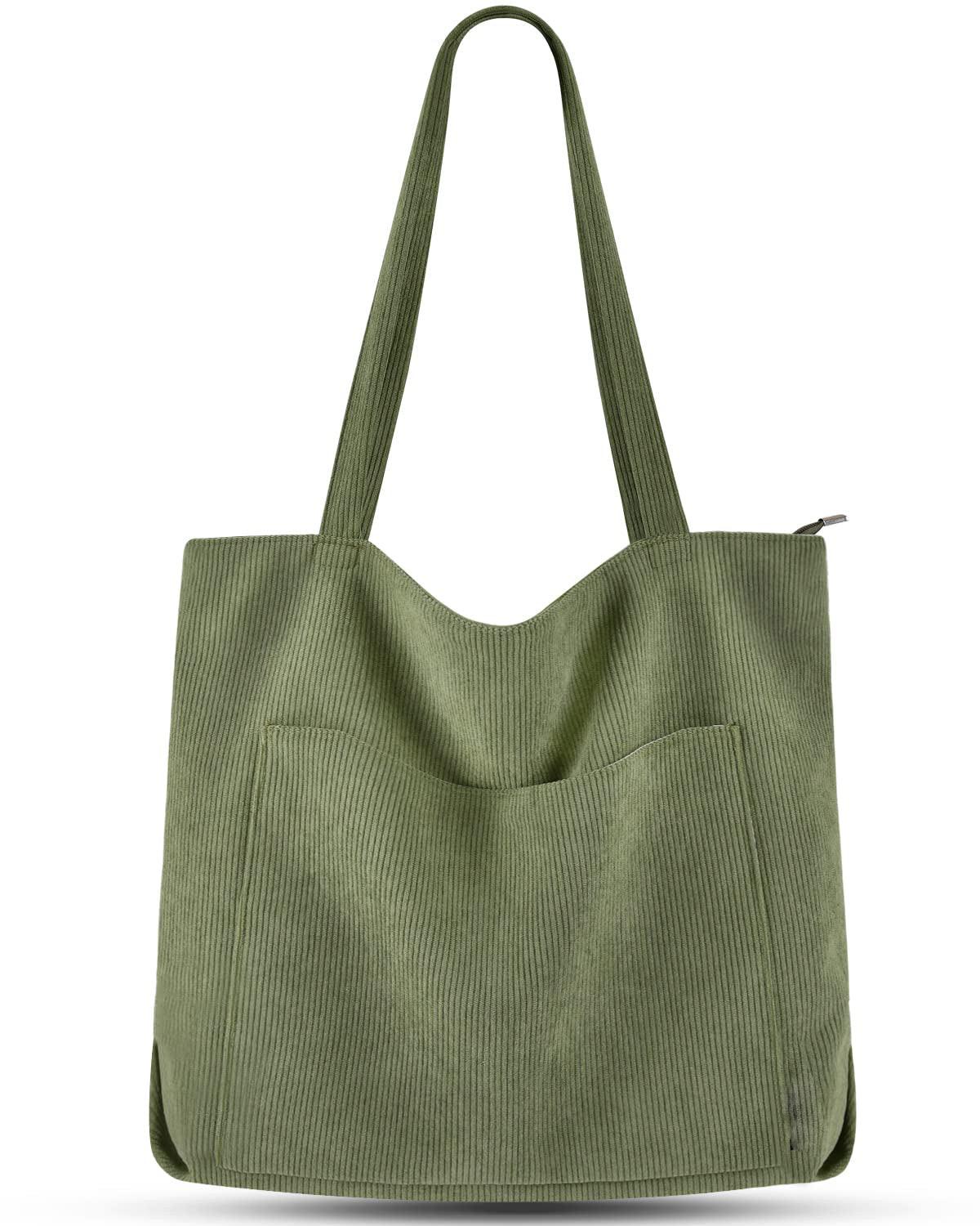 Only-bags.store - cord Tasche Umhängetasche mit Reißverschluss, Groß Shopper Tote Bag Handtasche, für Damen, Rasengrün, One Size von Only-bags.store