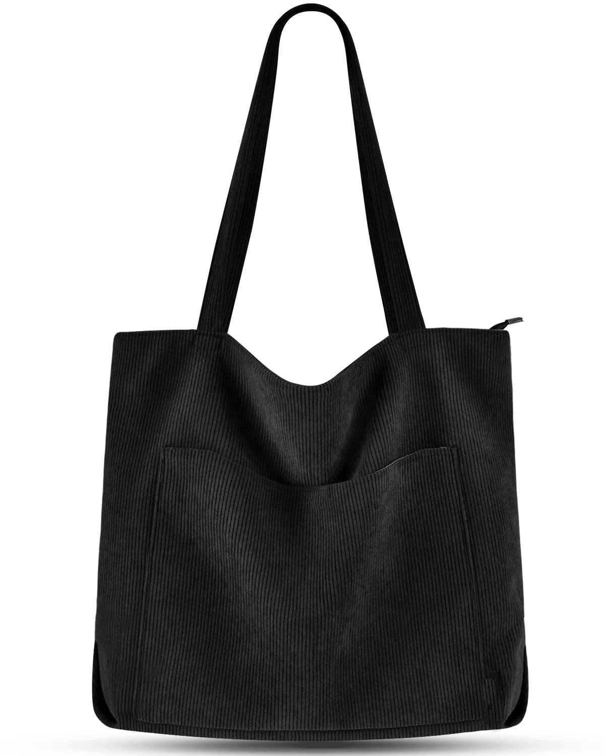 Only-bags.store - cord Tasche Umhängetasche mit Reißverschluss, Groß Shopper Tote Bag Handtasche, für Damen, Schwarz, One Size von Only-bags.store