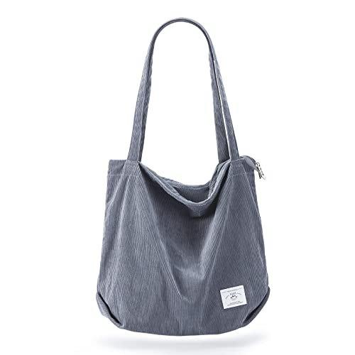 Cord Tasche Umhängetasche Mit Reißverschluss, Groß Shopper Tasche Tote Bag Handtasche Damen Grau ONE SIZE von Only-bags.store