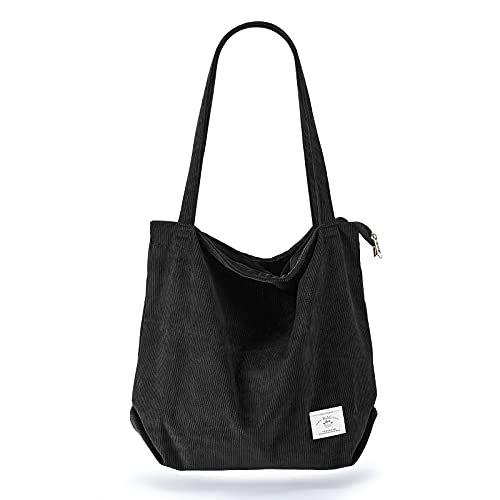 Cord Tasche Umhängetasche Mit Reißverschluss, Groß Shopper Tasche Tote Bag Handtasche Damen Schwarz ONE SIZE von Only-bags.store