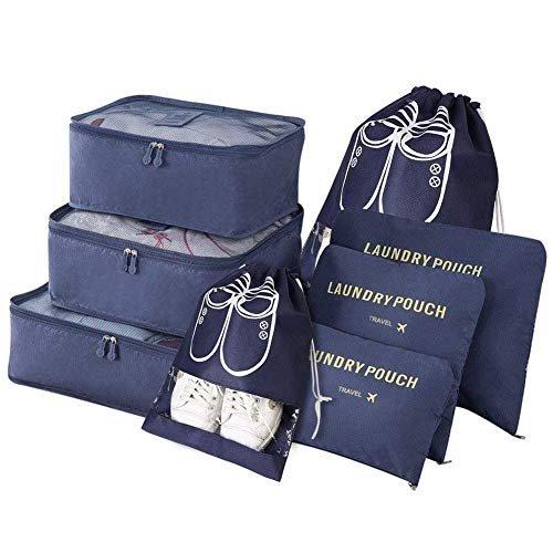 Only-bags.store - Koffer-Organizer, 8-in-1-Set Gepäck-Organizer, wasserdichte Reisekleidersäcke inklusive 2 Schuhsäcke, 3 Packwürfel und Aufbewahrungsbeutel, für Kleidung, Schuhe, Kosmetik Dunkelblau, One Size, Nachtblau von Only-bags.store