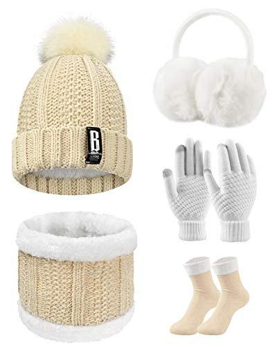 Mütze Schal Handschuh Sets 5 In 1 Gestrickt Damen Beige ONE SIZE von Only-bags.store