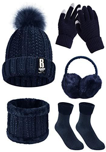 Mütze Schal Handschuh Sets 5 In 1 Gestrickt Damen Blau ONE SIZE von Only-bags.store