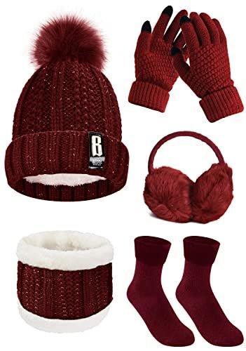 Mütze Schal Handschuh Sets 5 In 1 Gestrickt Damen Rot ONE SIZE von Only-bags.store