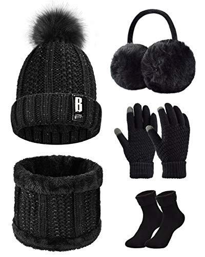 Mütze Schal Handschuh Sets 5 In 1 Gestrickt Damen Schwarz ONE SIZE von Only-bags.store