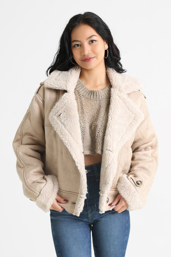 Only Ylva Shearling Jacke | Safari + Pumice Stone | Damen  | M von Only