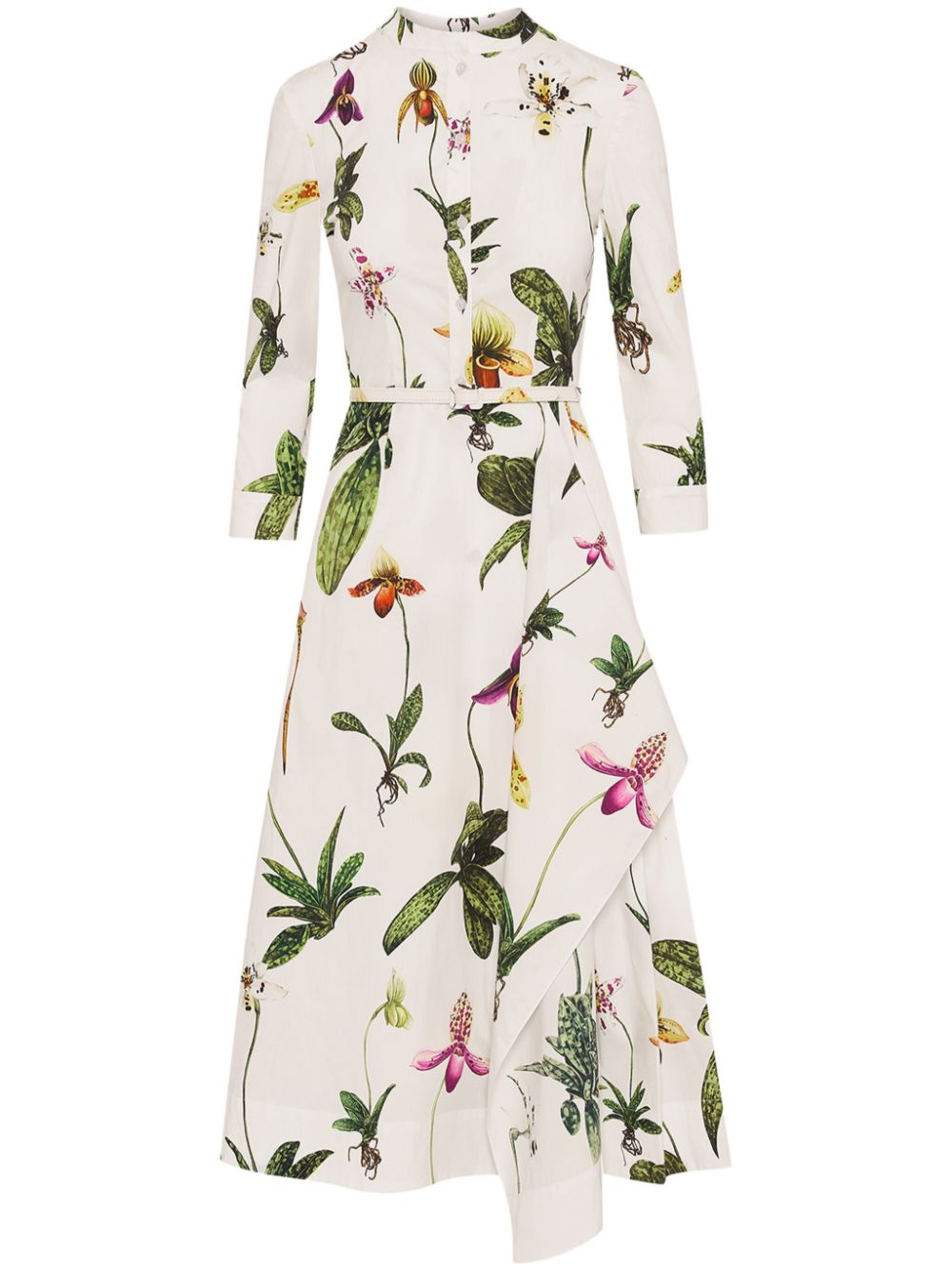 Oscar de la Renta Orchid 3/4 sleeve cotton-poplin dress - White von Oscar de la Renta