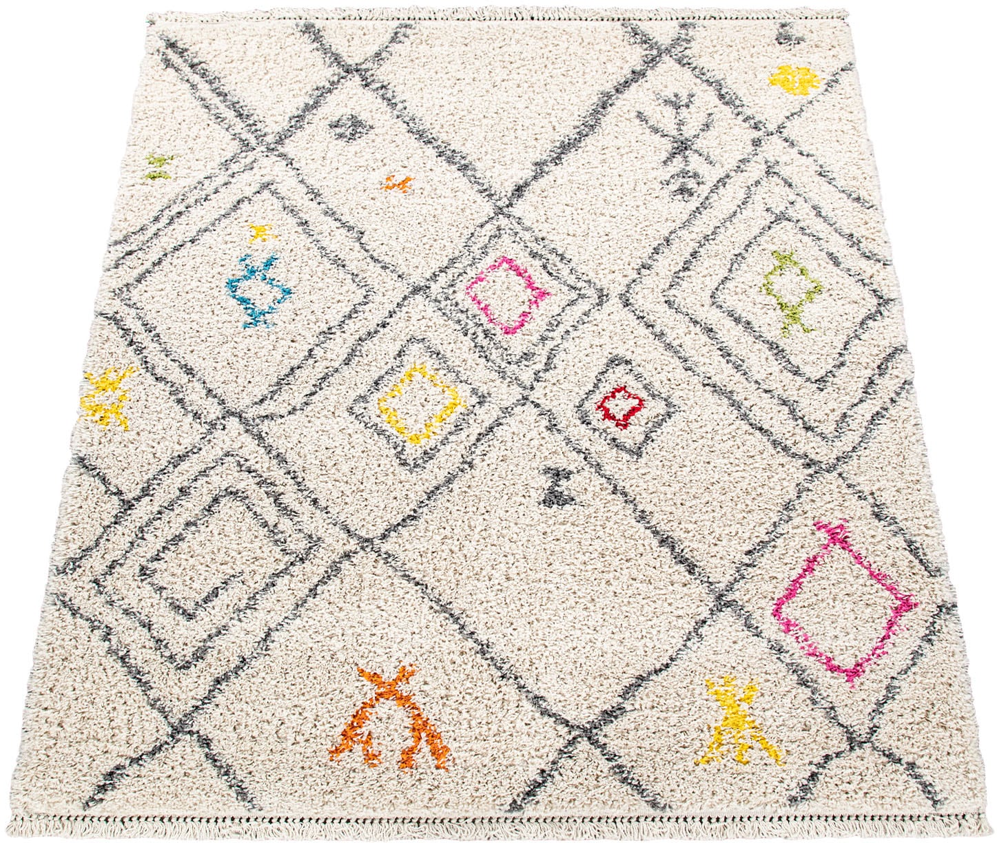 Paco Home Hochflor-Teppich »Wooly 284«, rechteckig, 39 mm Höhe, Berber Design, Rauten Motiv, weich & kuschelig, mit Fransen von PACO HOME