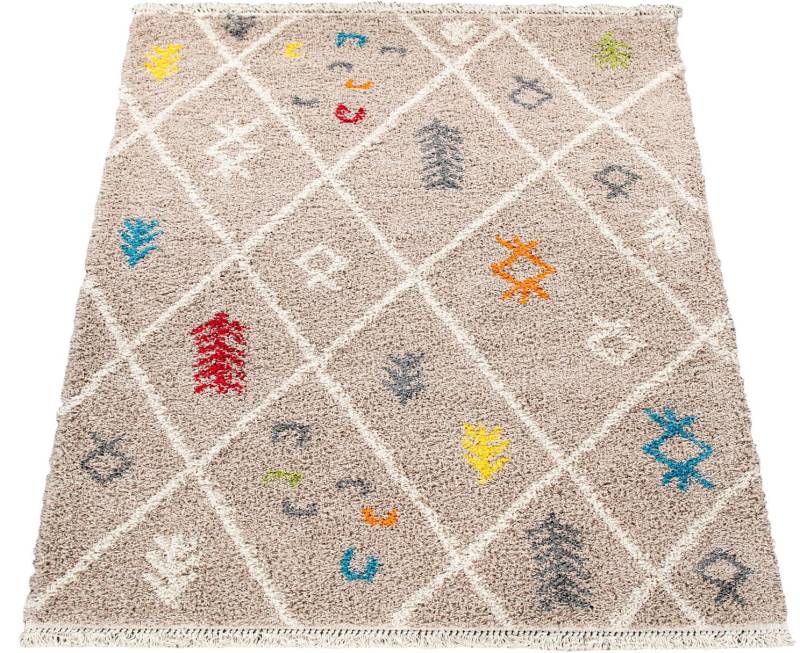 Paco Home Hochflor-Teppich »Wooly 285«, rechteckig, 39 mm Höhe, Berber Design, Rauten Motiv, weich & kuschelig, mit Fransen von PACO HOME