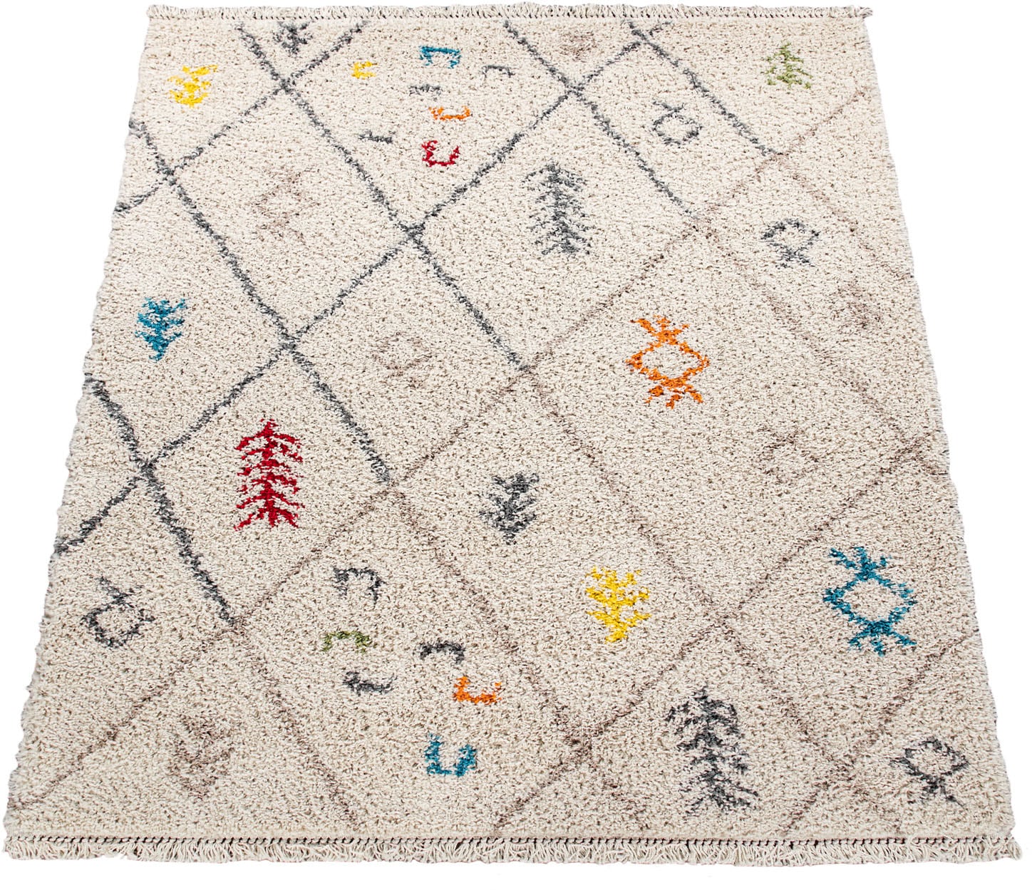 Paco Home Hochflor-Teppich »Wooly 285«, rechteckig, 39 mm Höhe, Berber Design, Rauten Motiv, weich & kuschelig, mit Fransen von PACO HOME