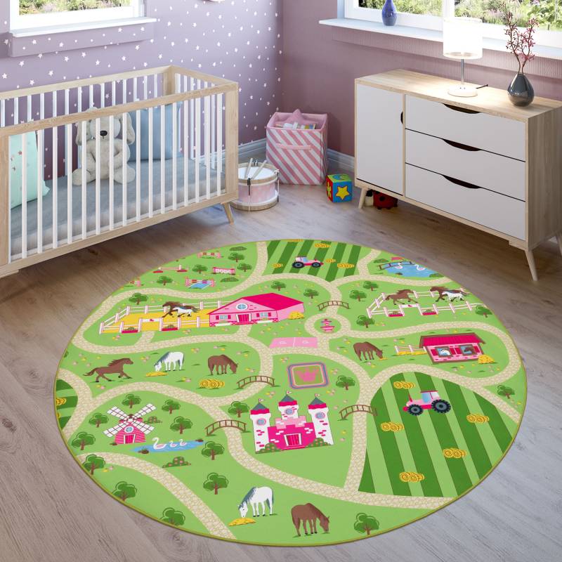 Paco Home Kinderteppich »Bino 560«, rund, 4 mm Höhe, Kurzflor, Strassen-Spiel-Teppich, Motiv Bauernhof, Kinderzimmer von PACO HOME