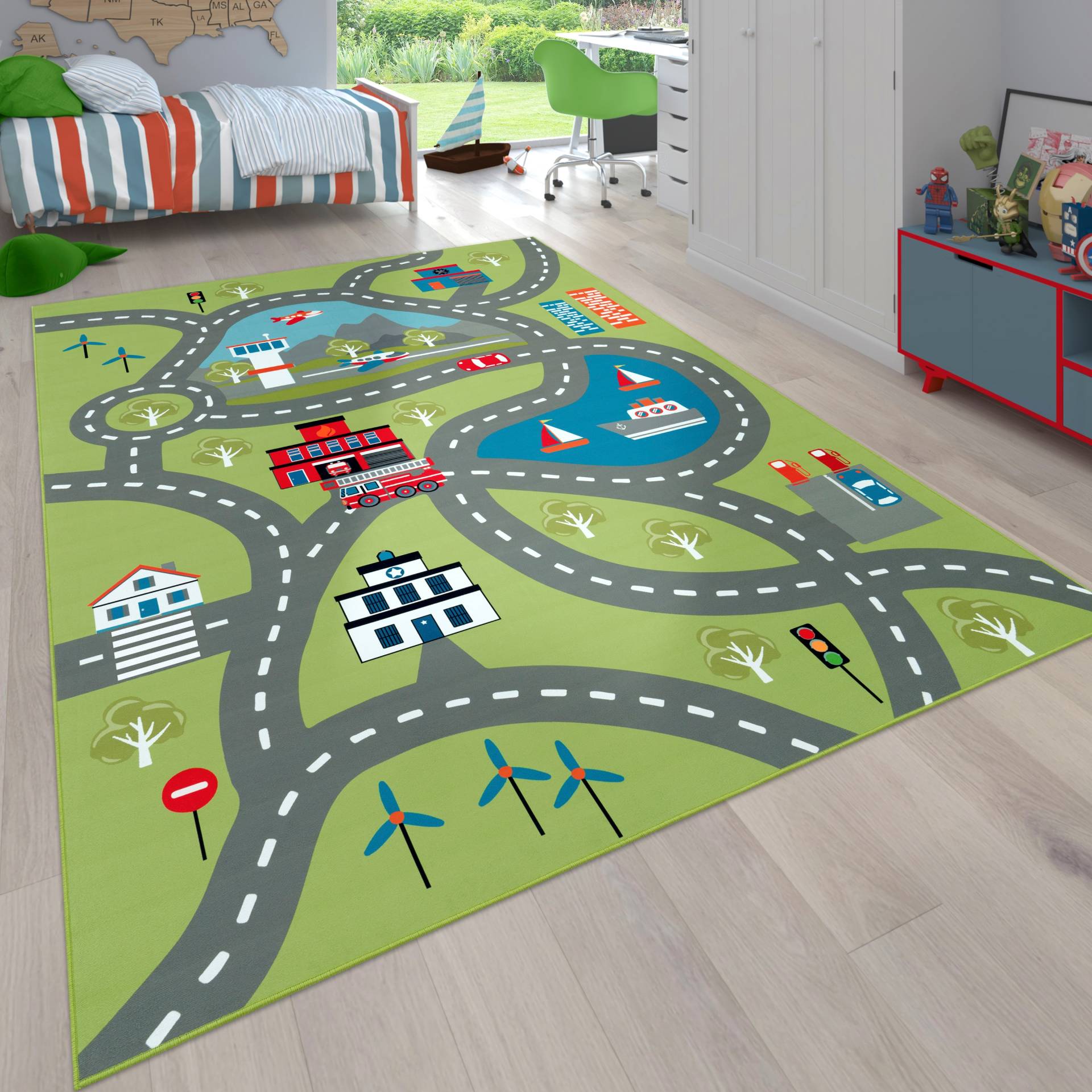 Paco Home Kinderteppich »Bino 562«, rechteckig, 4 mm Höhe, Kurzflor, Strassen-Spiel-Teppich, Motiv Flughafen, Kinderzimmer von PACO HOME