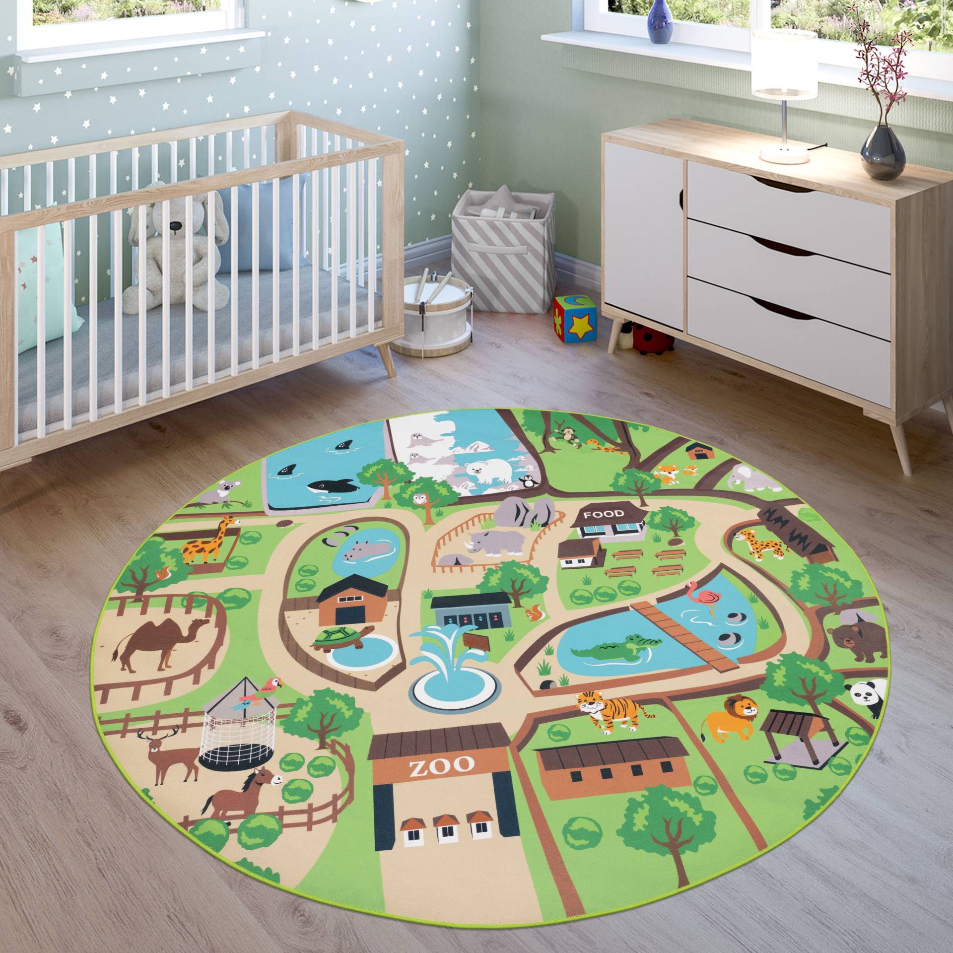 Paco Home Kinderteppich »Bino 563«, rund, 4 mm Höhe, Kurzflor, Strassen-Spiel-Teppich, Motiv Zoo, Kinderzimmer von PACO HOME