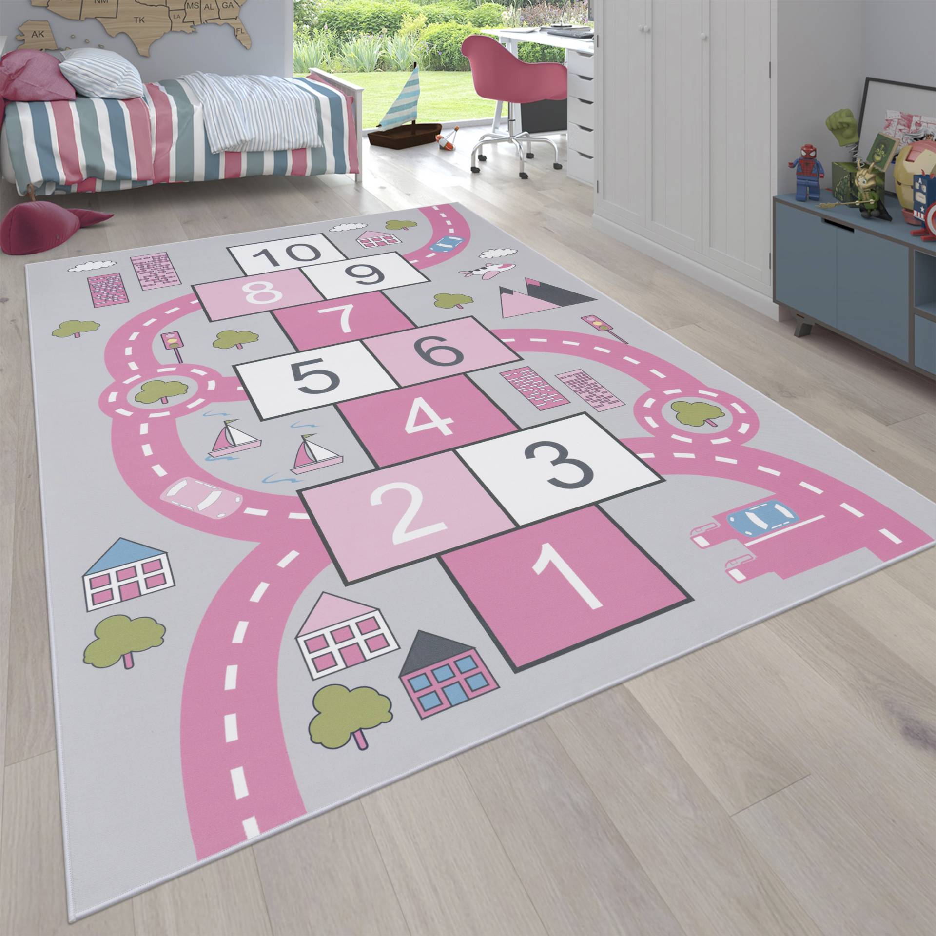 Paco Home Kinderteppich »Bino 569«, rechteckig, 4 mm Höhe, Kurzflor, Strassen-Spiel-Teppich & Motiv Hüpfkästchen "Himmel & Hölle" von PACO HOME