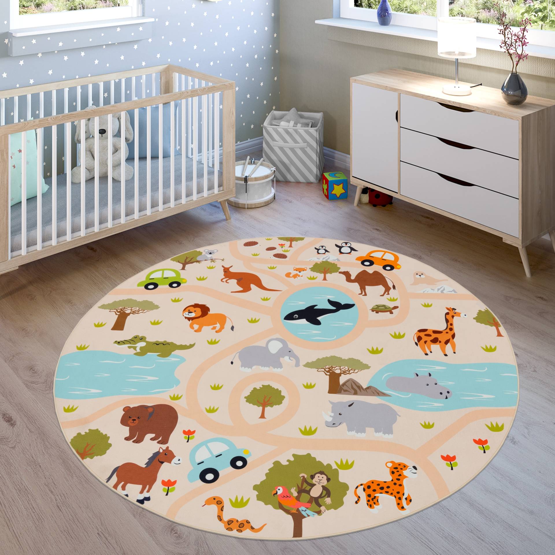 Paco Home Kinderteppich »Bino 580«, rund, 4 mm Höhe, Spielteppich, Motiv Strasse & Autos, Kinderzimmer von PACO HOME