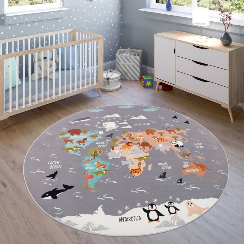 Paco Home Kinderteppich »Bino 581«, rund, 4 mm Höhe, Spielteppich, Motiv Weltkarte & Tiere, Kinderzimmer von PACO HOME