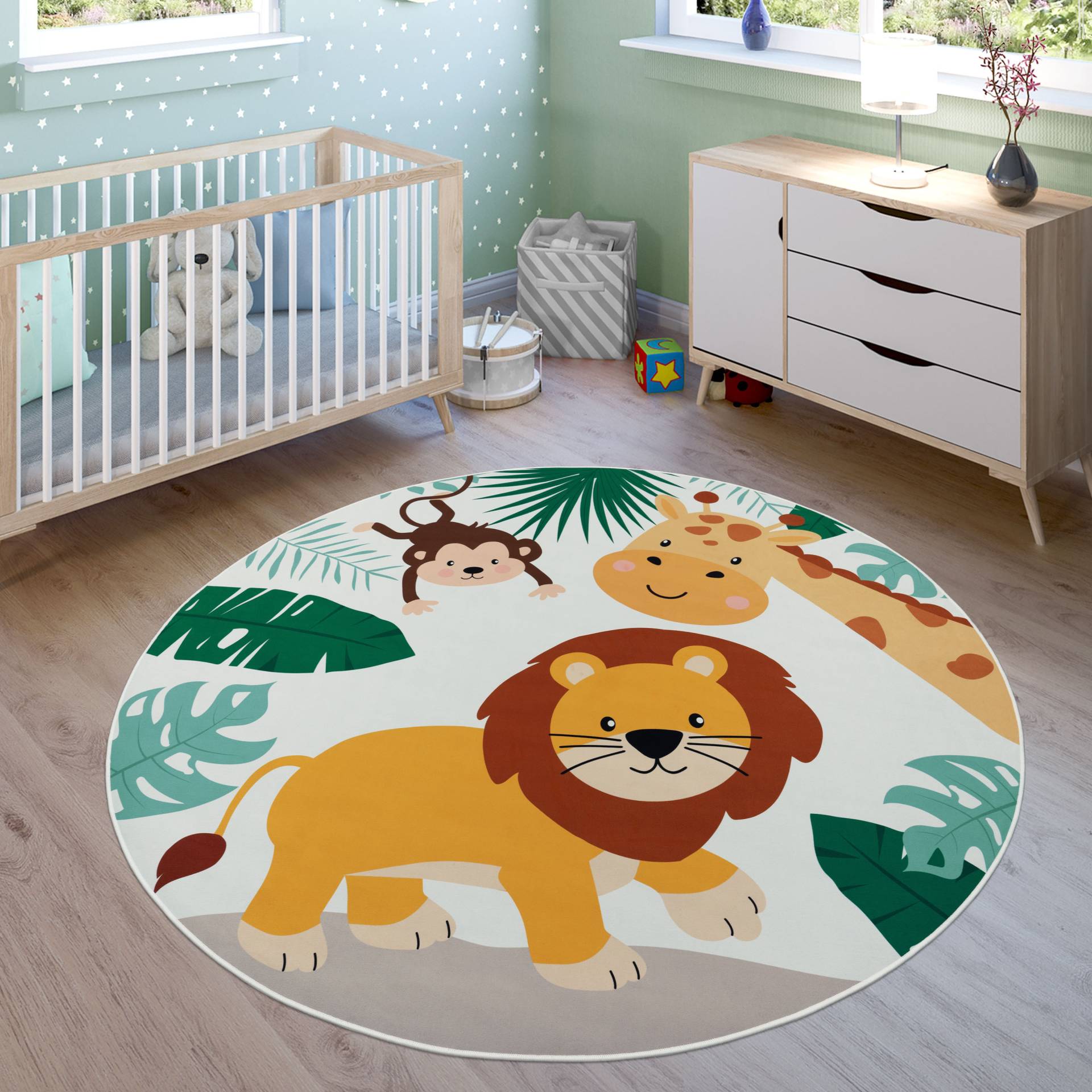 Paco Home Kinderteppich »Bino 582«, rund, 4 mm Höhe, Spielteppich, Motiv Tiere, Löwe & Giraffe, Kinderzimmer von PACO HOME