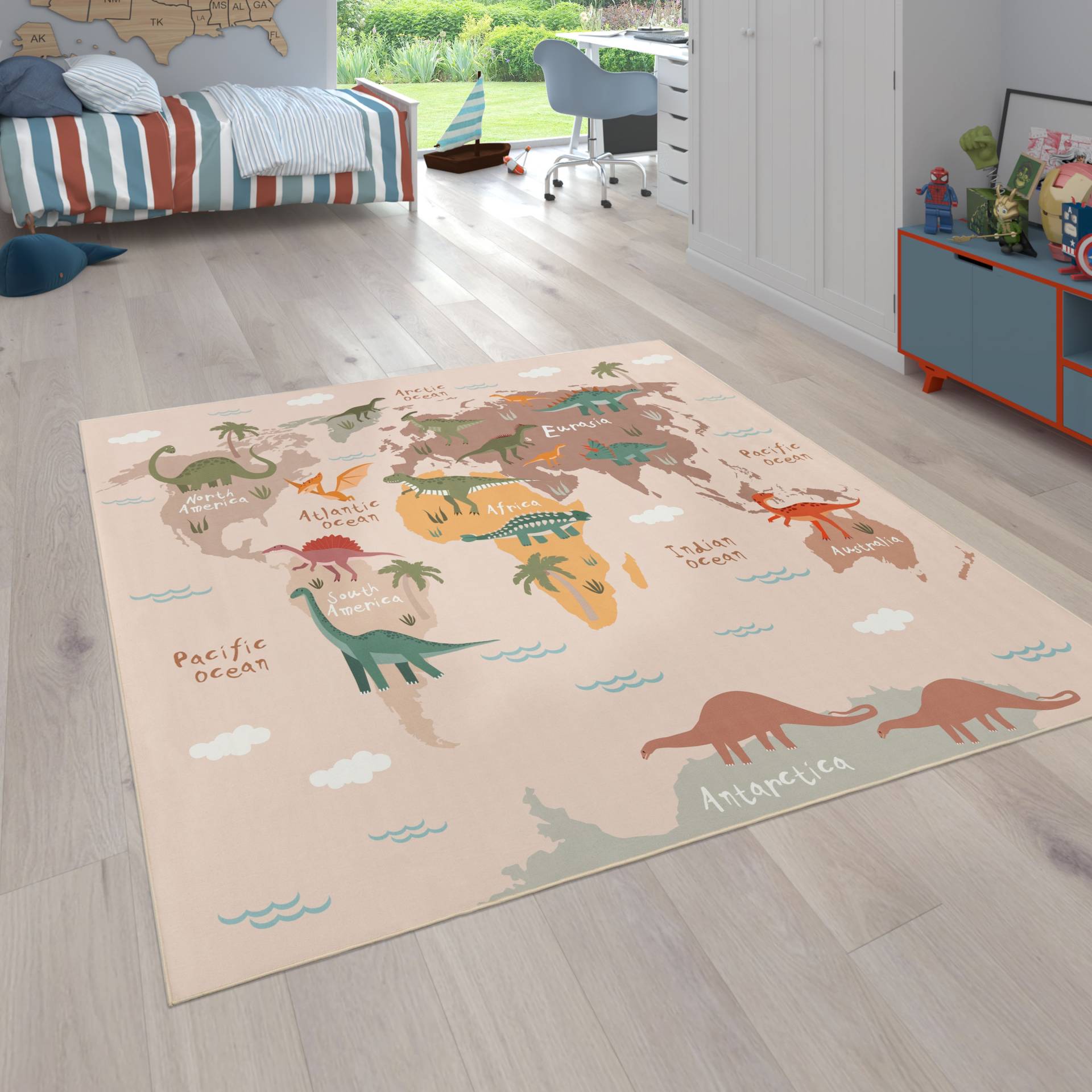 Paco Home Kinderteppich »Bino 583«, rechteckig, 4 mm Höhe, Spielteppich, Motiv Weltkarte & Dinosaurier, Kinderzimmer von PACO HOME