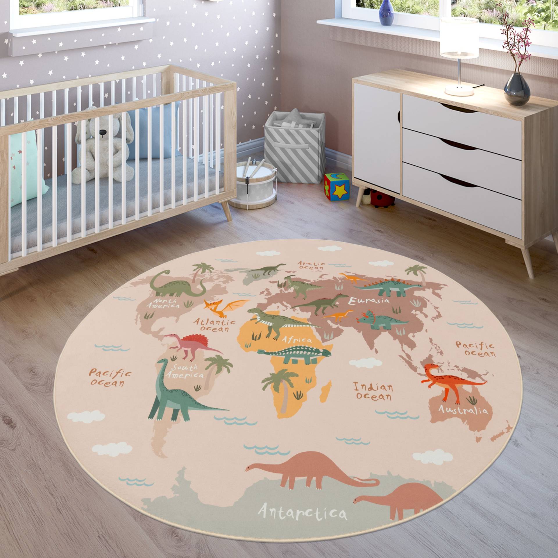 Paco Home Kinderteppich »Bino 583«, rund, Spielteppich, Motiv Weltkarte & Dinosaurier, Kinderzimmer von PACO HOME