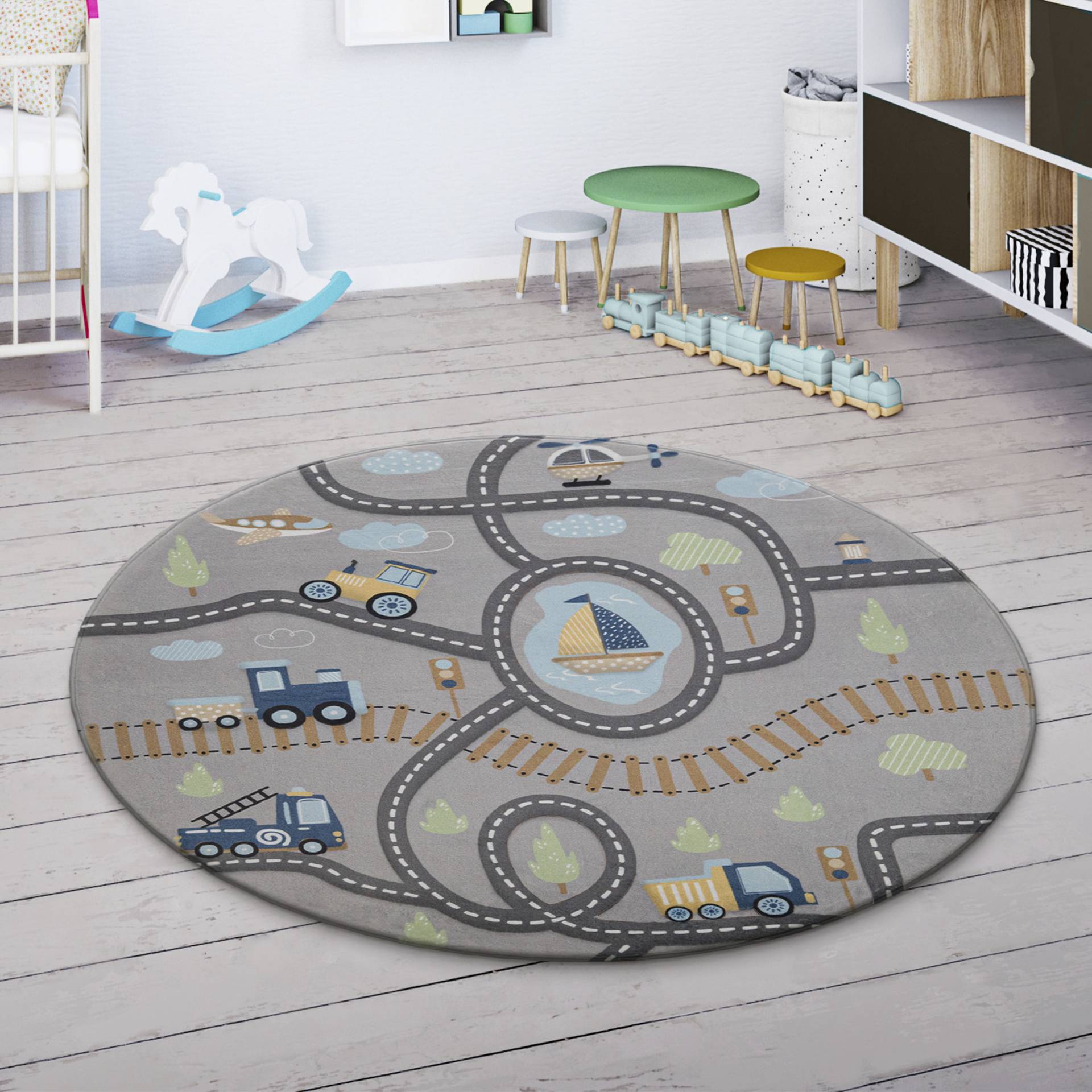 Paco Home Kinderteppich »Chicos 562«, rund, 4 mm Höhe, Flachgewebe, Strassen-Spiel-Teppich, Kinderzimmer von PACO HOME