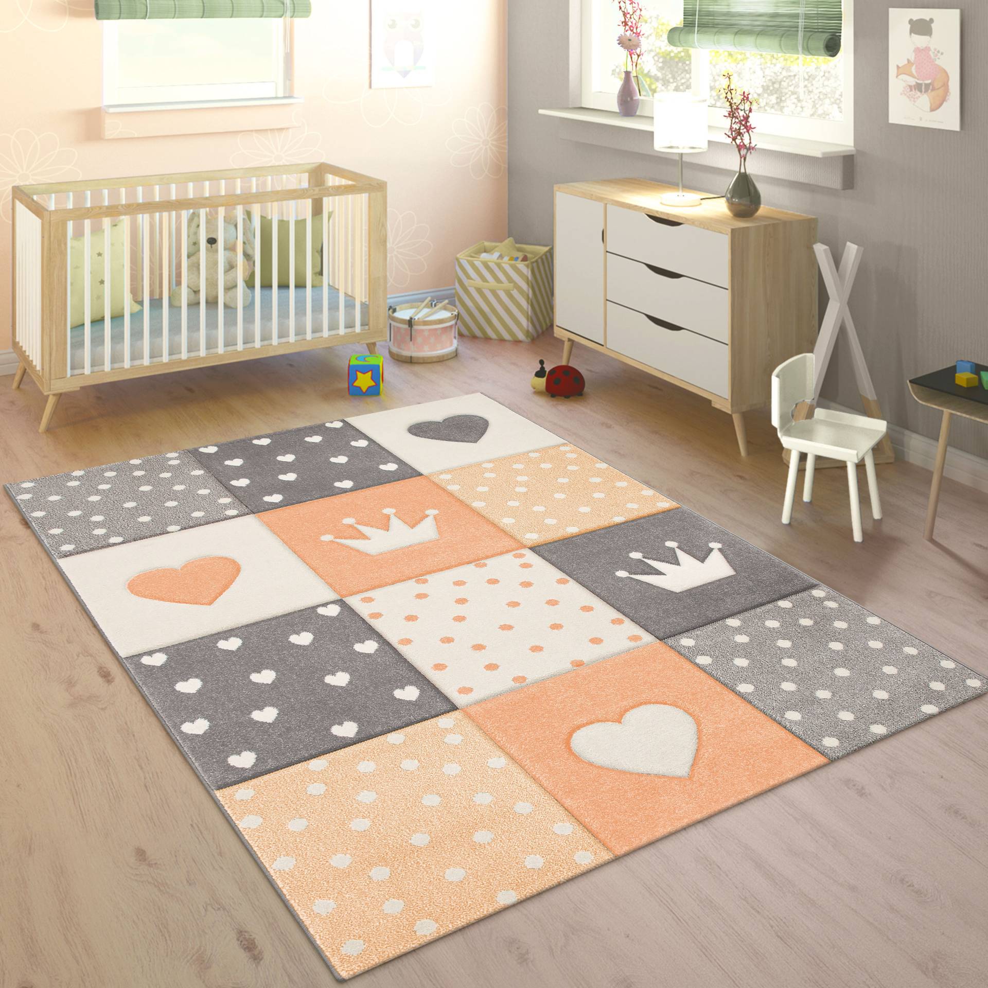 Paco Home Kinderteppich »Cosmo 339«, rechteckig, 16 mm Höhe, Kurzflor, Pastell-Farben, 3D-Effekt, Motiv Herz, Punkte & Krone von PACO HOME