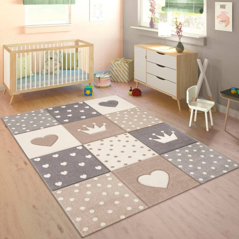 Paco Home Kinderteppich »Cosmo 339«, rechteckig, 16 mm Höhe, Kurzflor, Pastell-Farben, 3D-Effekt, Motiv Herz, Punkte & Krone von PACO HOME