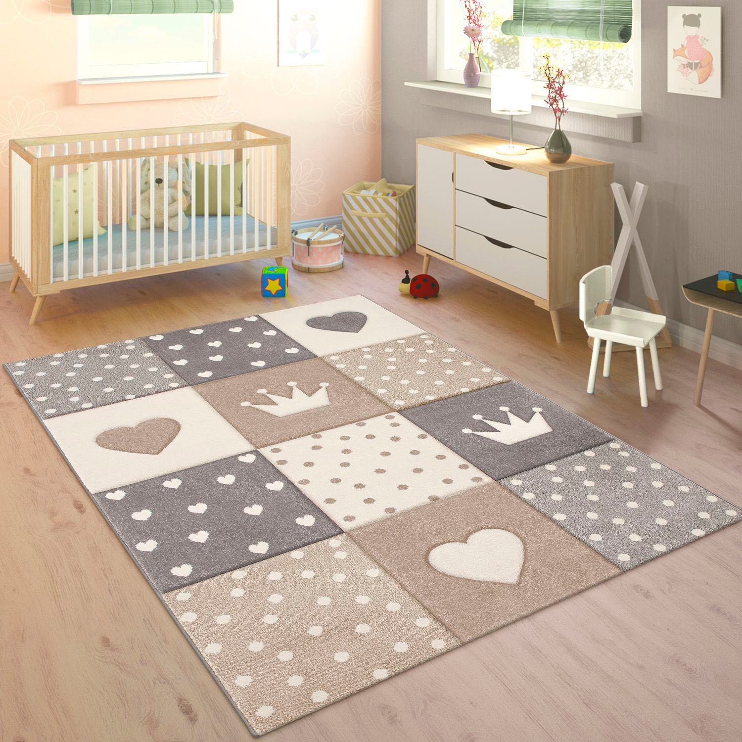 Paco Home Kinderteppich »Cosmo 339«, rechteckig, Kurzflor, Pastell-Farben, 3D-Effekt, Motiv Herz, Punkte & Krone von PACO HOME