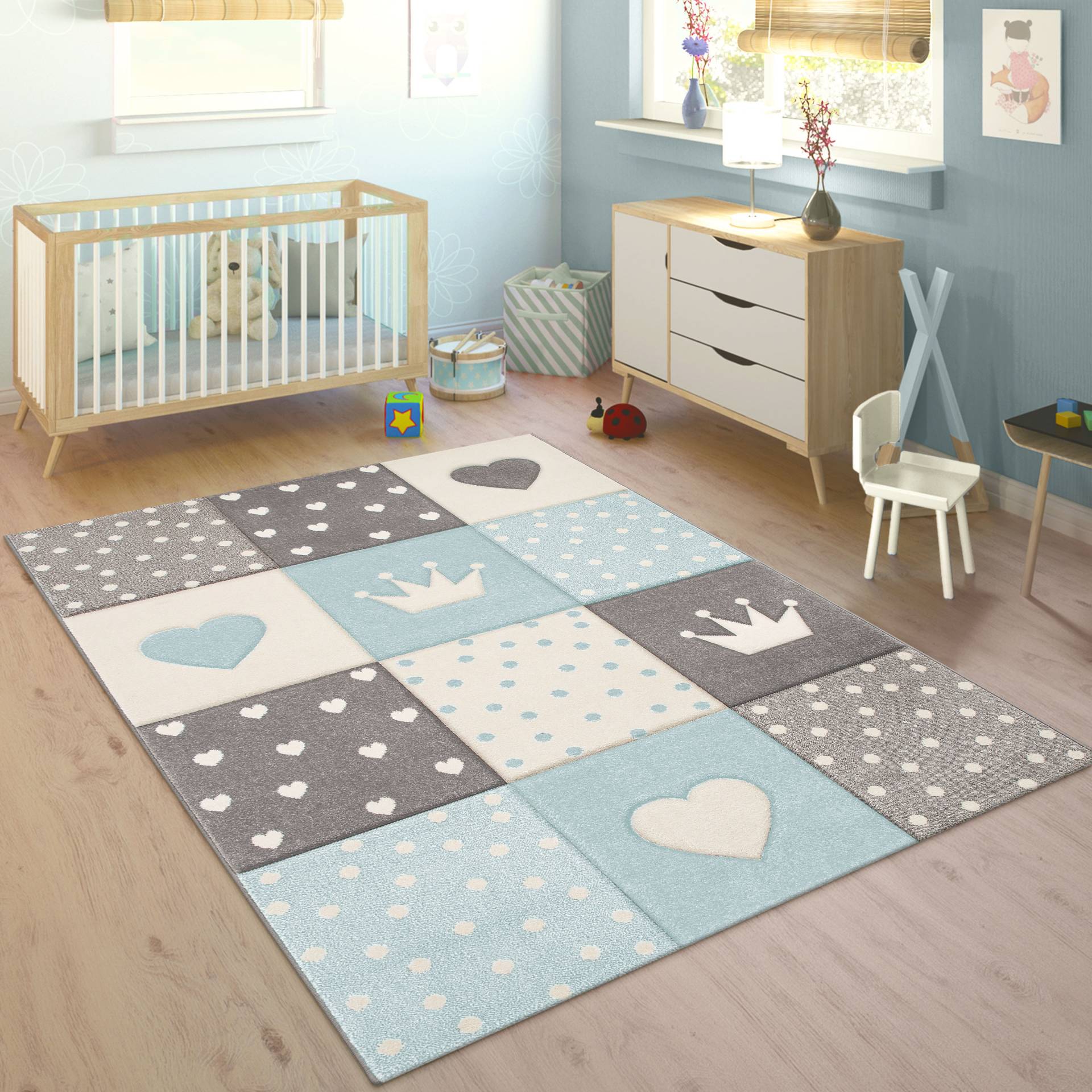 Paco Home Kinderteppich »Cosmo 339«, rechteckig, 16 mm Höhe, Kurzflor, Pastell-Farben, 3D-Effekt, Motiv Herz, Punkte & Krone von PACO HOME