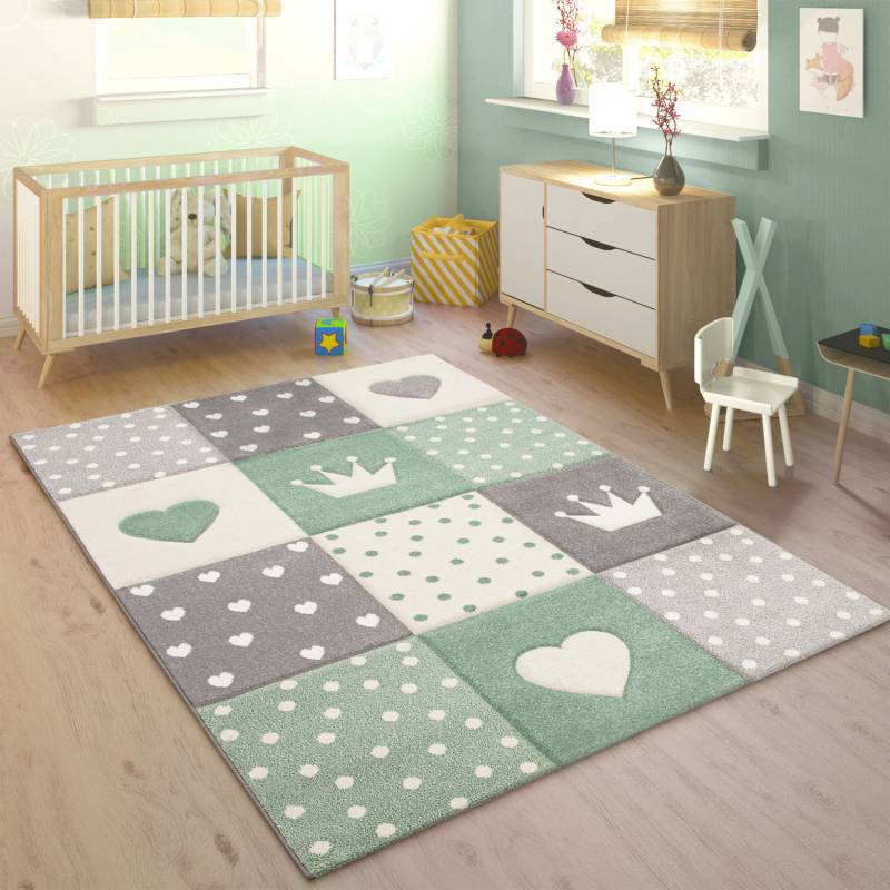 Paco Home Kinderteppich »Cosmo 339«, rechteckig, 16 mm Höhe, Kurzflor, Pastell-Farben, 3D-Effekt, Motiv Herz, Punkte & Krone von PACO HOME