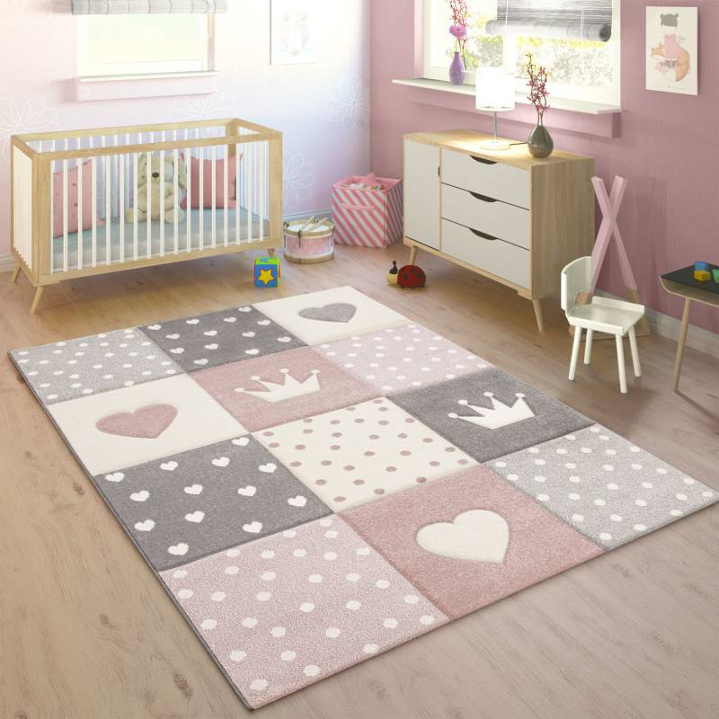 Paco Home Kinderteppich »Cosmo 339«, rechteckig, Kurzflor, Pastell-Farben, 3D-Effekt, Motiv Herz, Punkte & Krone von PACO HOME