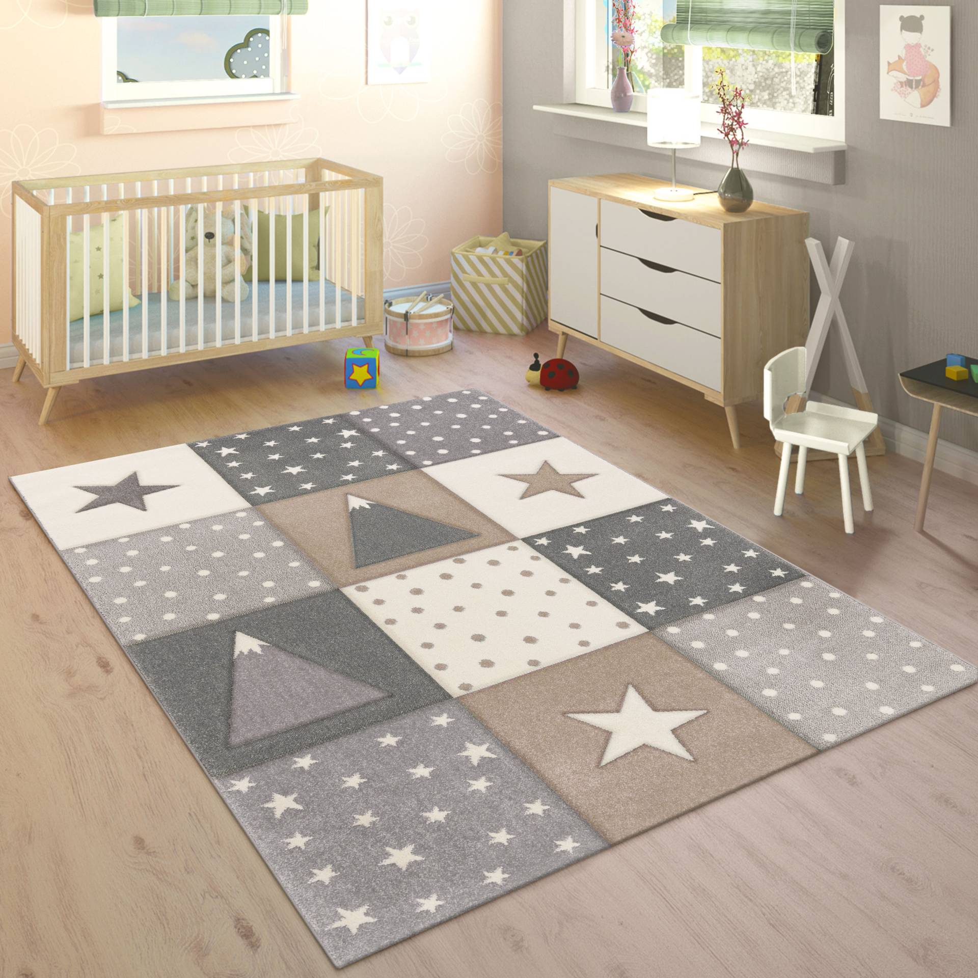 Paco Home Kinderteppich »Cosmo 340«, rechteckig, 17 mm Höhe, Kurzflor, Pastell-Farben, 3D Effekt, Motiv Berge, Punkte & Sterne von PACO HOME