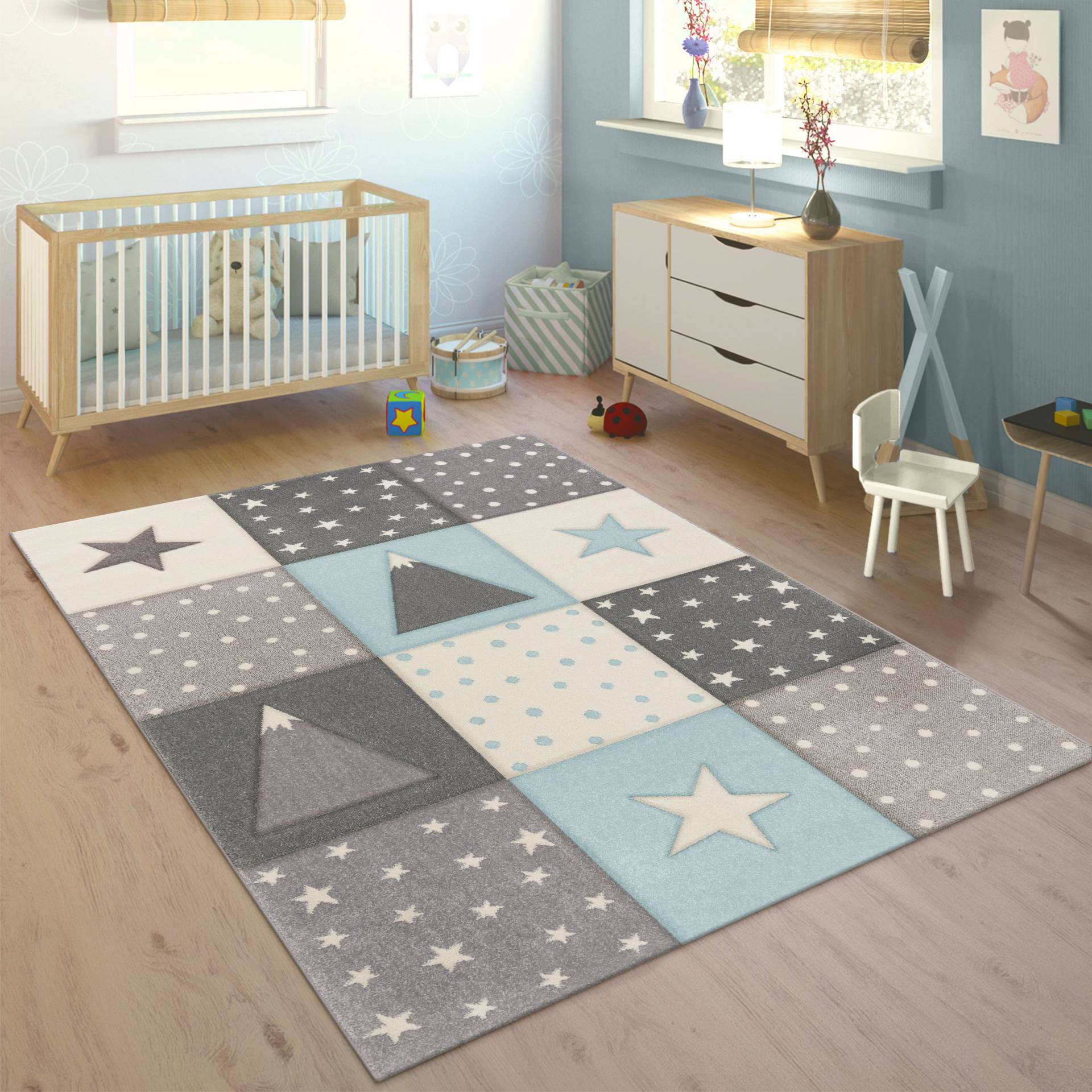 Paco Home Kinderteppich »Cosmo 340«, rechteckig, 17 mm Höhe, Kurzflor, Pastell-Farben, 3D Effekt, Motiv Berge, Punkte & Sterne von PACO HOME