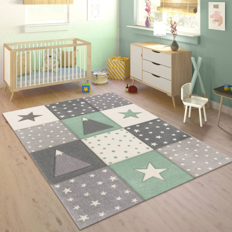 Paco Home Kinderteppich »Cosmo 340«, rechteckig, 17 mm Höhe, Kurzflor, Pastell-Farben, 3D Effekt, Motiv Berge, Punkte & Sterne von PACO HOME