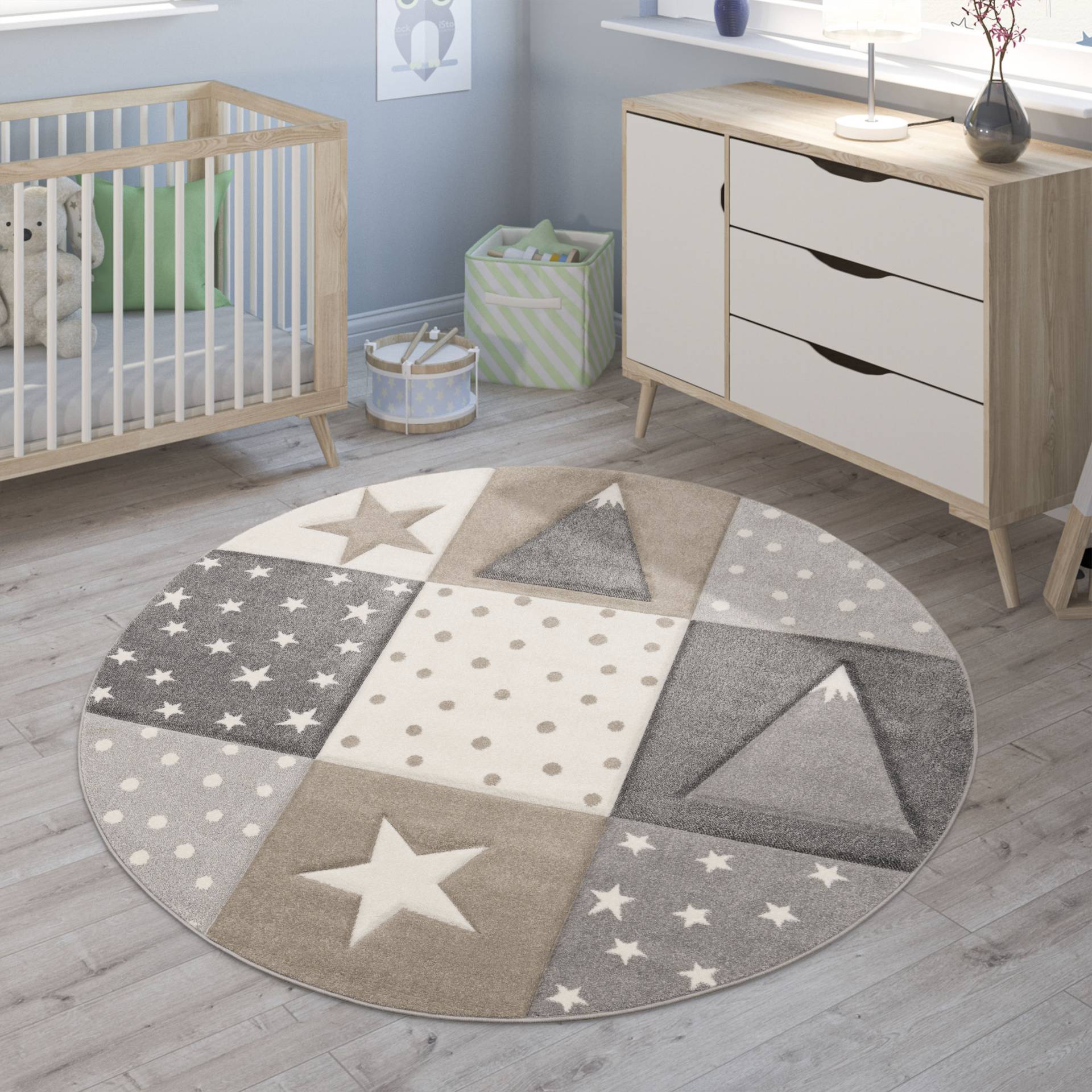 Paco Home Kinderteppich »Cosmo 340«, rund, Kurzflor, Pastell-Farben, 3D Effekt, Motiv Berge, Punkte & Sterne von PACO HOME