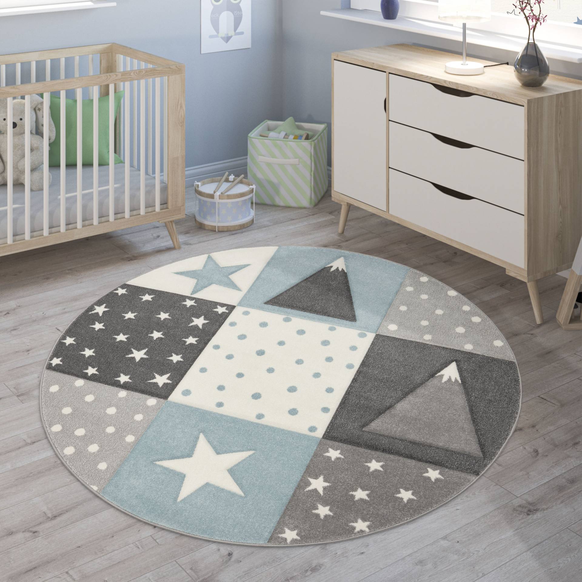 Paco Home Kinderteppich »Cosmo 340«, rund, Kurzflor, Pastell-Farben, 3D Effekt, Motiv Berge, Punkte & Sterne von PACO HOME