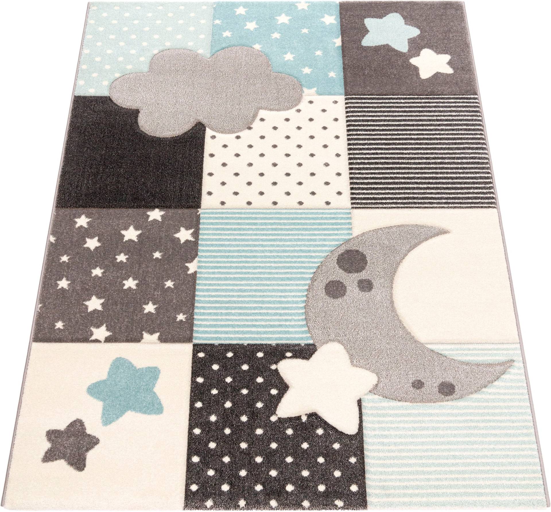 Paco Home Kinderteppich »Cosmo 755«, rechteckig, 18 mm Höhe, 3D-Design, Patchwork Muster, Motiv Sterne, Wolken & Punkte, Pastell von PACO HOME