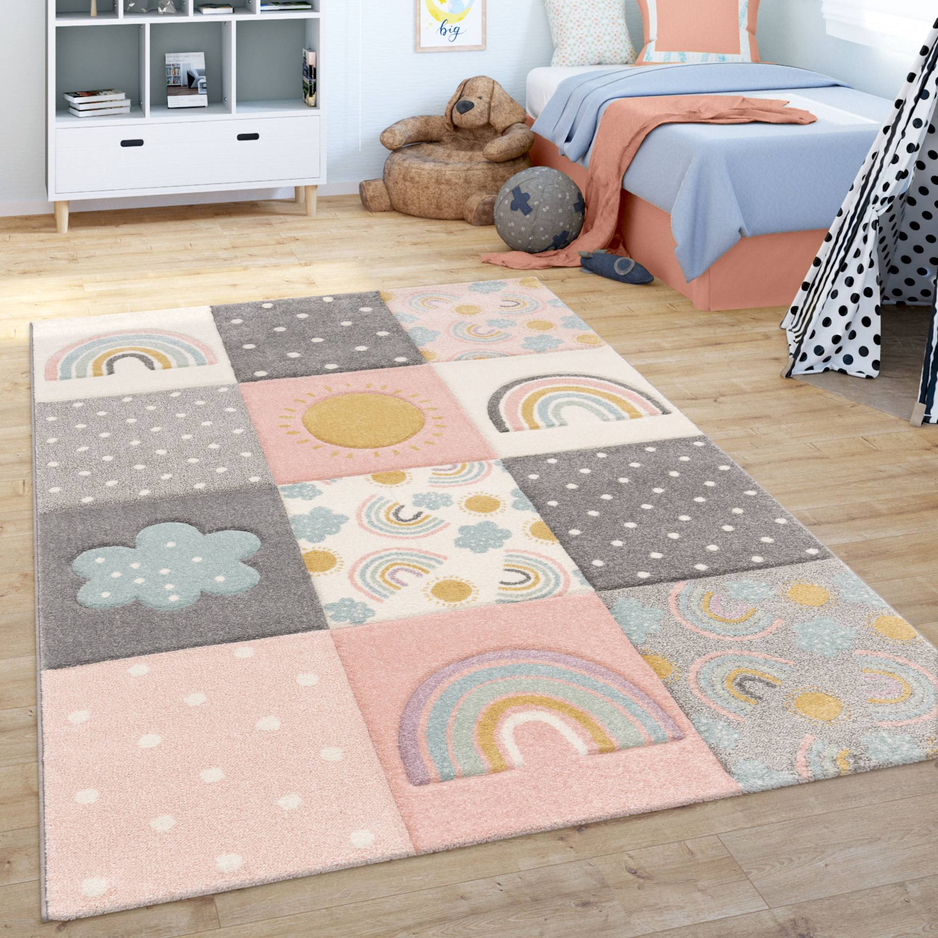 Paco Home Kinderteppich »Cosmo 962«, rechteckig, 3D-Design, Patchwork-Muster, Motiv Regenbogen & Punkte, Pastell-Farben von PACO HOME