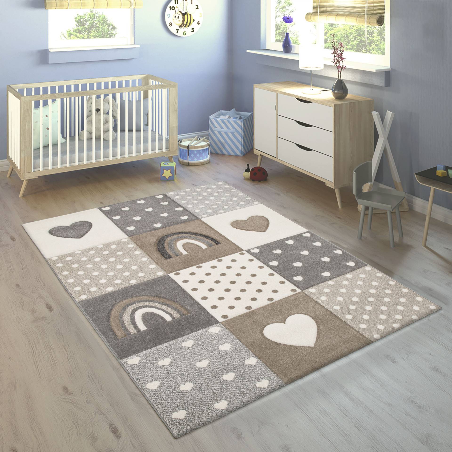 Paco Home Kinderteppich »Cosmos 349«, rechteckig, Kurzflor, kariert, 3D Effekt, Motiv Regenbogen, Herz & Punkte von PACO HOME