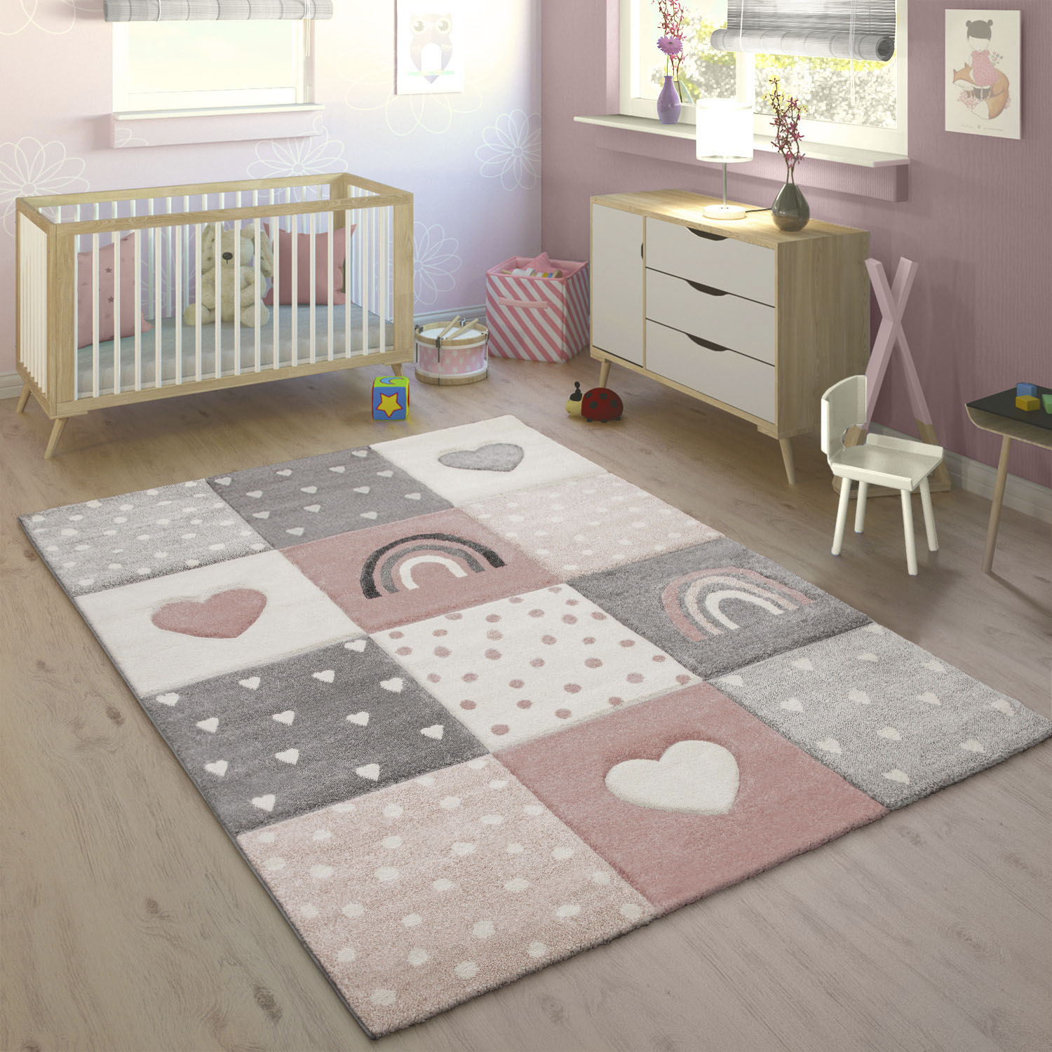 Paco Home Kinderteppich »Cosmos 349«, rechteckig, Kurzflor, kariert, 3D Effekt, Motiv Regenbogen, Herz & Punkte von PACO HOME