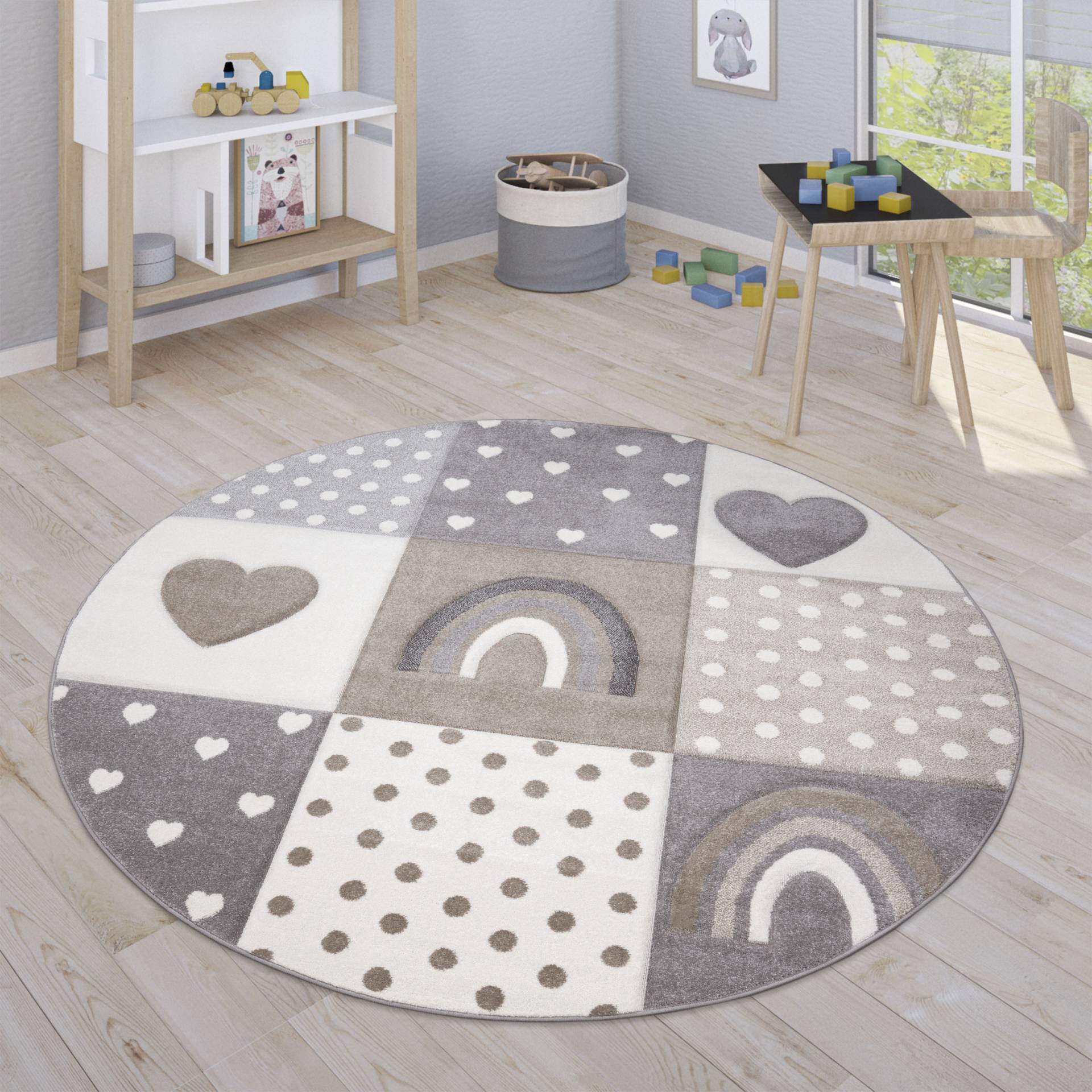 Paco Home Kinderteppich »Cosmos 349«, rund, Kurzflor, kariert, 3D Effekt, Motiv Regenbogen, Herz & Punkte von PACO HOME