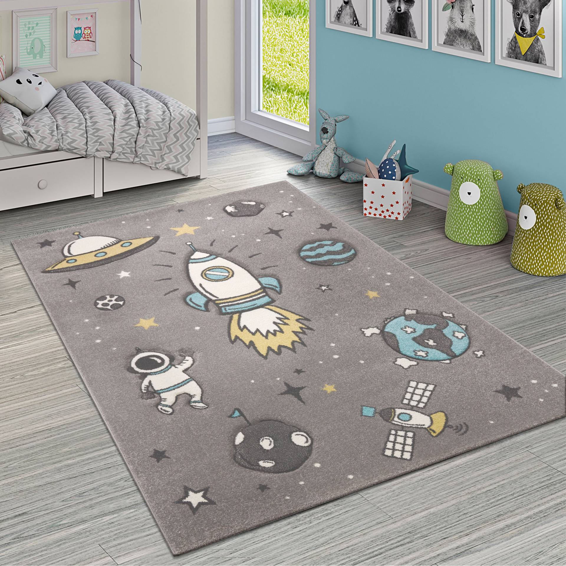 Paco Home Kinderteppich »Diamond 100«, rechteckig, 3D-Design, Motiv Weltraum, Rakete & Astronaut, Kinderzimmer von PACO HOME