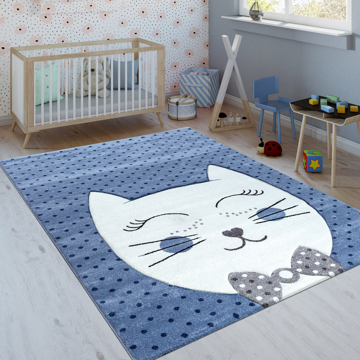 Paco Home Kinderteppich »Diamond 648«, rechteckig, Kurzflor, 3D-Design, Motiv Punkte & niedliche Katze, Kinderzimmer von PACO HOME