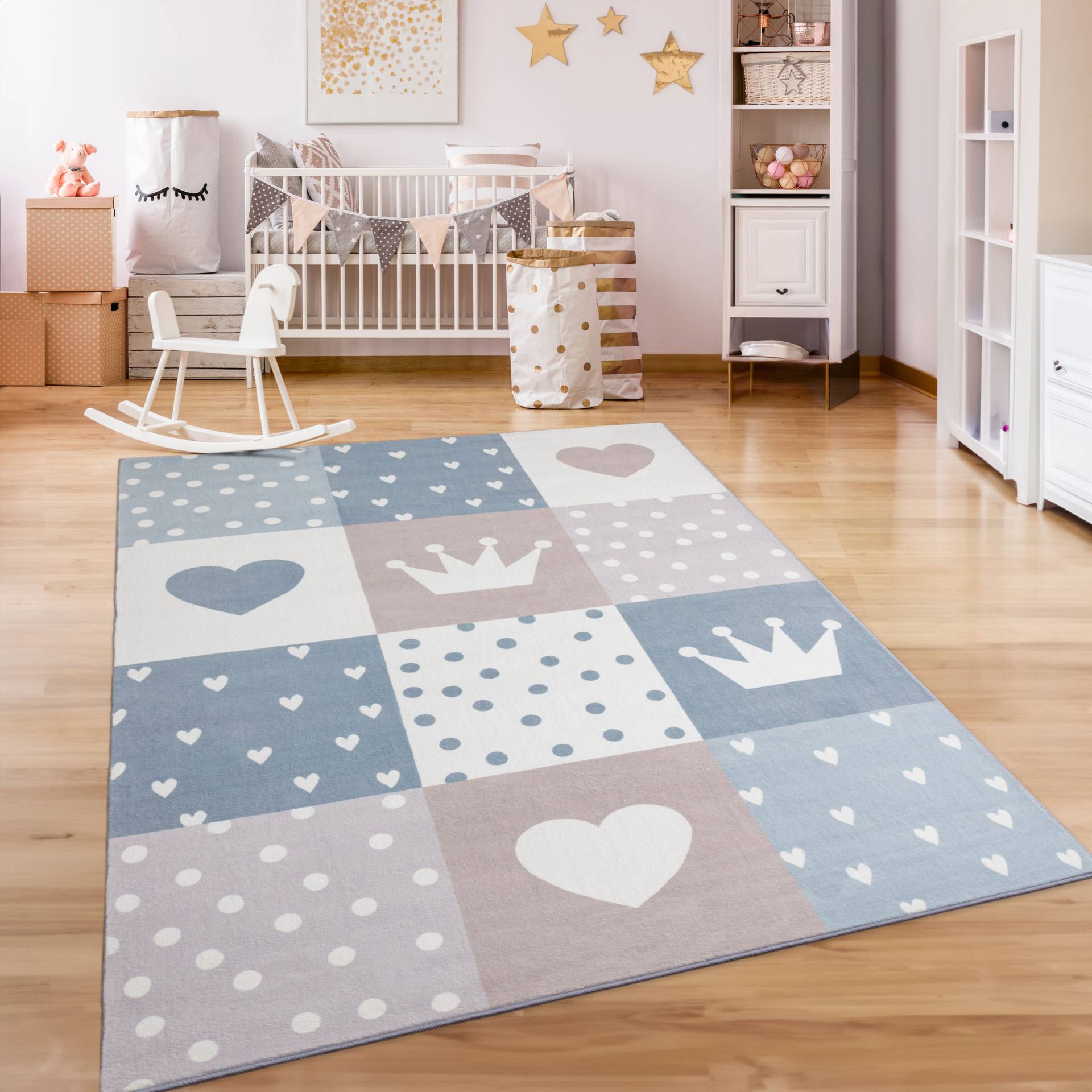 Paco Home Kinderteppich »Eliz 391«, rechteckig, 12 mm Höhe, Kurzflor, Spielteppich, Patchwork-Muster, Motiv Krone, Herz & Punkte von PACO HOME