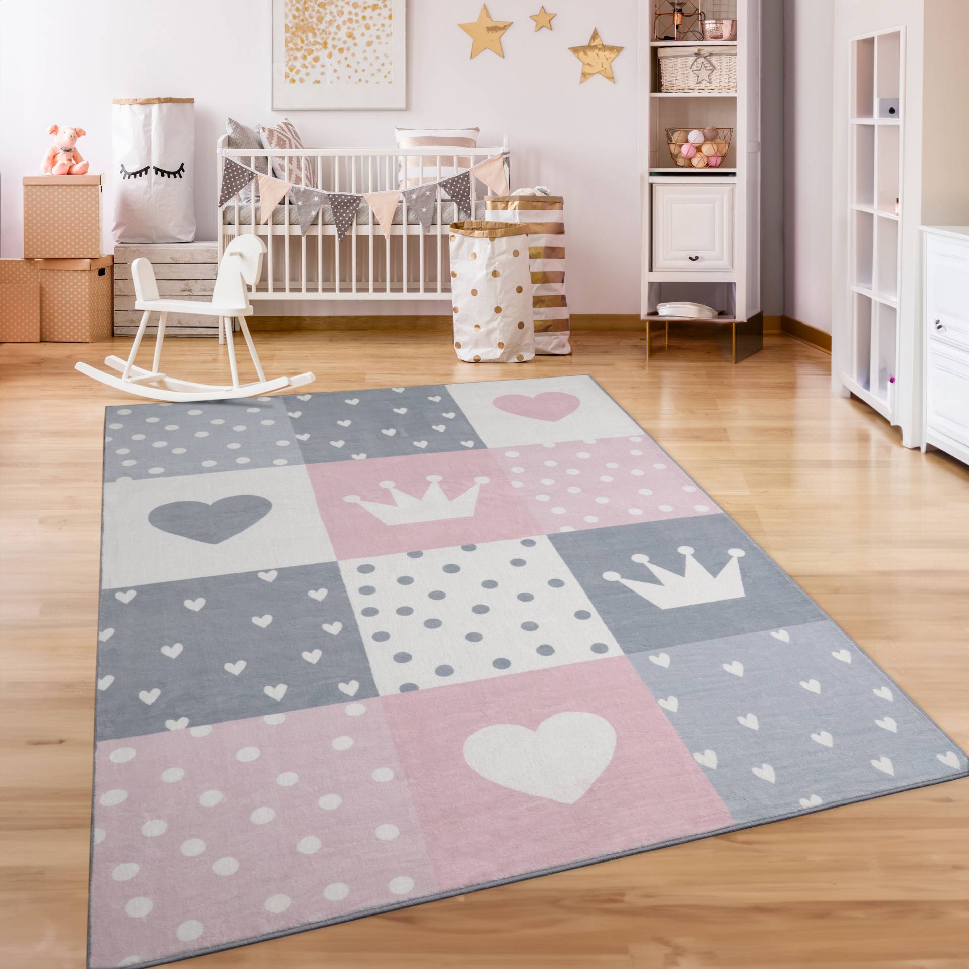 Paco Home Kinderteppich »Eliz 391«, rechteckig, Kurzflor, Spielteppich, Patchwork-Muster, Motiv Krone, Herz & Punkte von PACO HOME