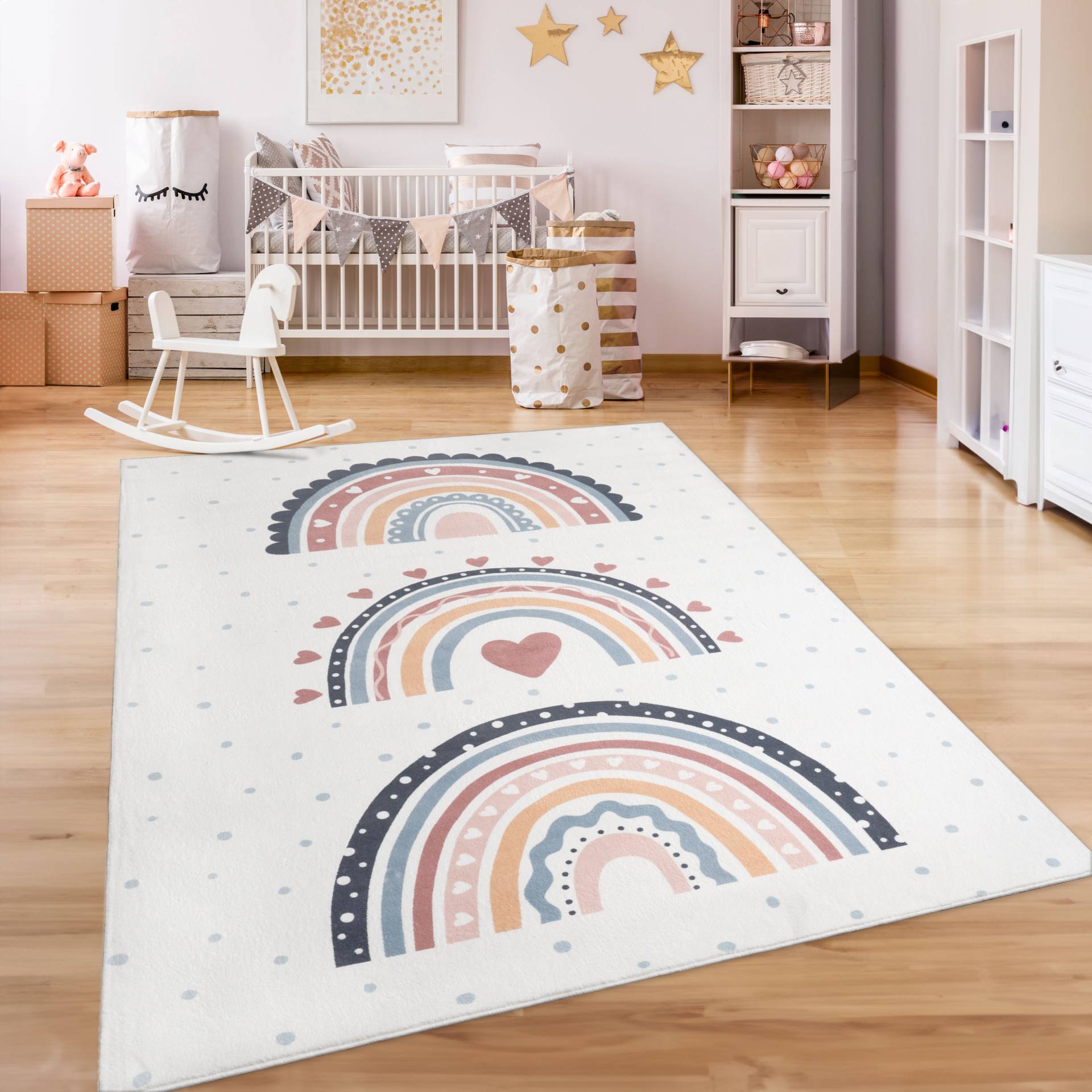 Paco Home Kinderteppich »Eliz 392«, rechteckig, 12 mm Höhe, Kurzflor, Spielteppich, Patchwork-Muster, Motiv Punkte & Regenbogen von PACO HOME