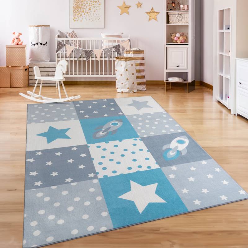 Paco Home Kinderteppich »Eliz 395«, rechteckig, 12 mm Höhe, Kurzflor, Spielteppich, Patchwork-Muster, Motiv Rakete, Sterne, Punkte von PACO HOME