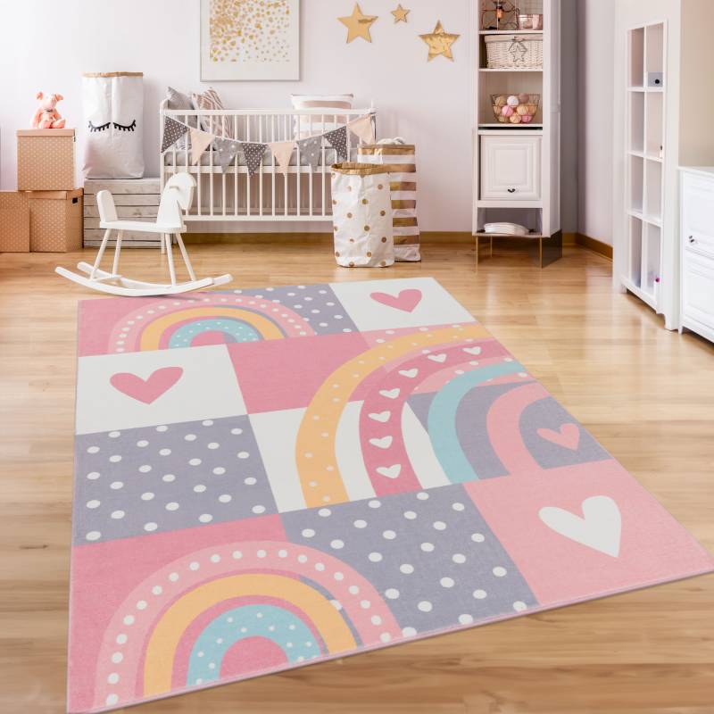 Paco Home Kinderteppich »Eliz 397«, rechteckig, 12 mm Höhe, Spielteppich, Patchwork-Muster, Motiv Regenbogen, Punkte & Herz von PACO HOME